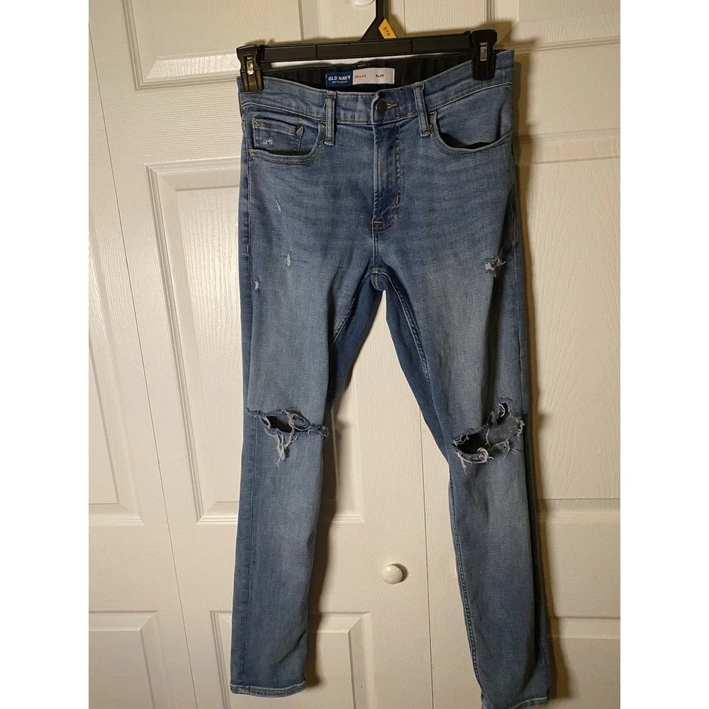 Old Navy Slim Denim Jeans Distressed Light Blue Medium Wash 5-Pocket Men's
